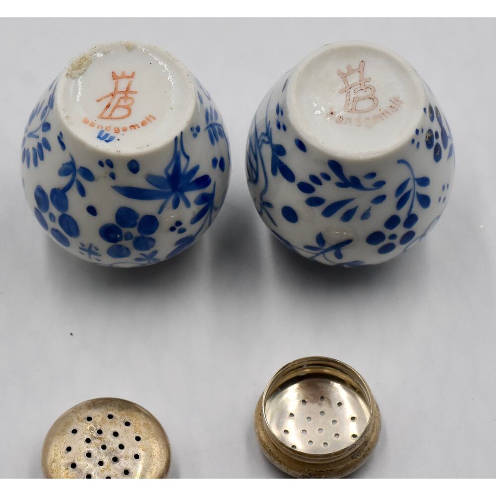 Rare Meissen Blue Porcelain Salt & Pepper Hand Painted Sterling Silver Lids - Picture 13 of 13